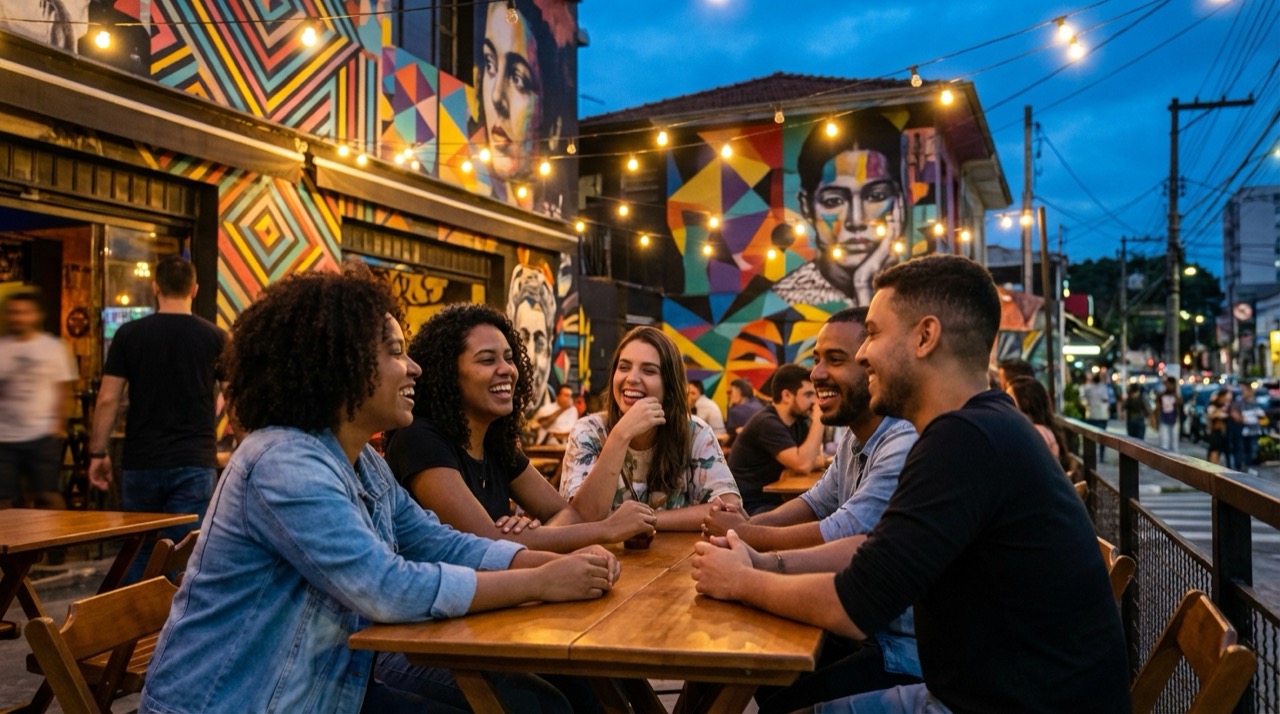 Group of young Paulistanos chatting at a Vila Madalena bar with colorful street art in the background, vibrant nightlife atmosphere