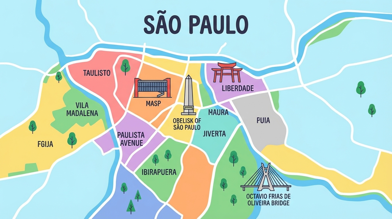 Colorful illustrated map of São Paulo highlighting key neighborhoods with iconic landmarks, flat design style