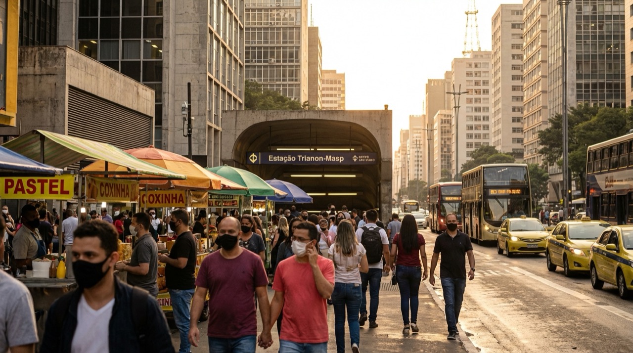 Busy São Paulo street scene with diverse crowd, food stalls, and metro entrance in the background, illustrated style