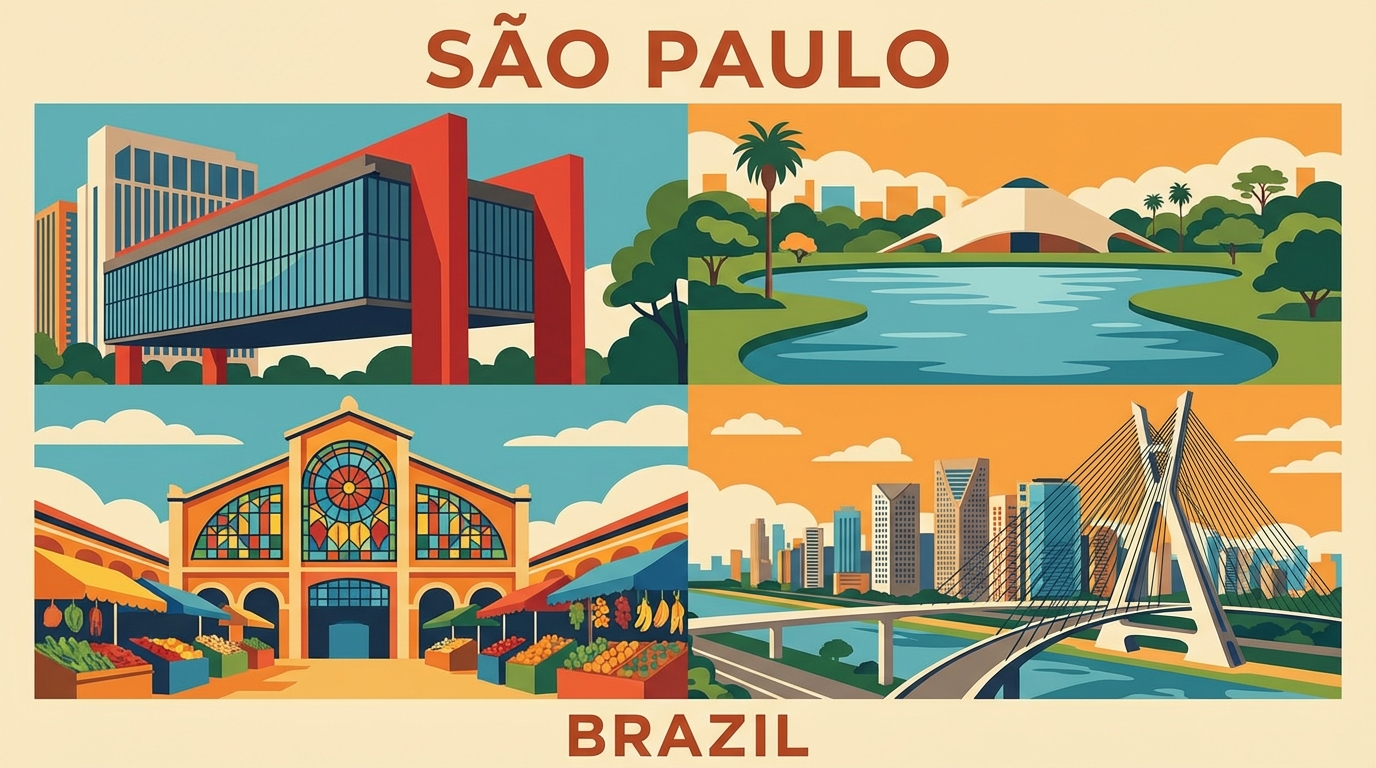 Montage of São Paulo landmarks: MASP, Ibirapuera Park, Mercado Municipal, colorful illustrated travel poster style